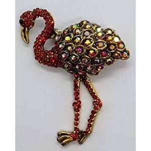 Dramatic Red Flamingo Rhinestones on Gold Tone Metal Tropical Bird